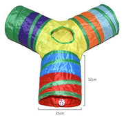 Foldable 3-way rainbow cat tunnel play toy with interactive ball, measuring 32cm by 25cm for indoor pet entertainment.